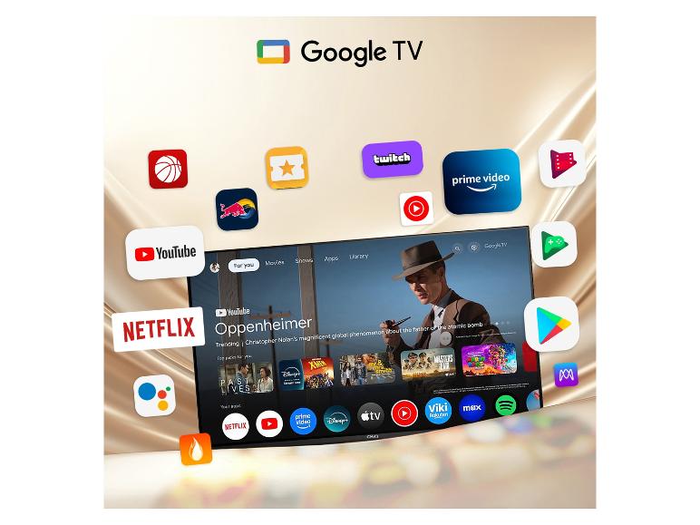 Google TV-Oberfläche mit Oppenheimer und Streaming-Apps wie Netflix und Prime Video.