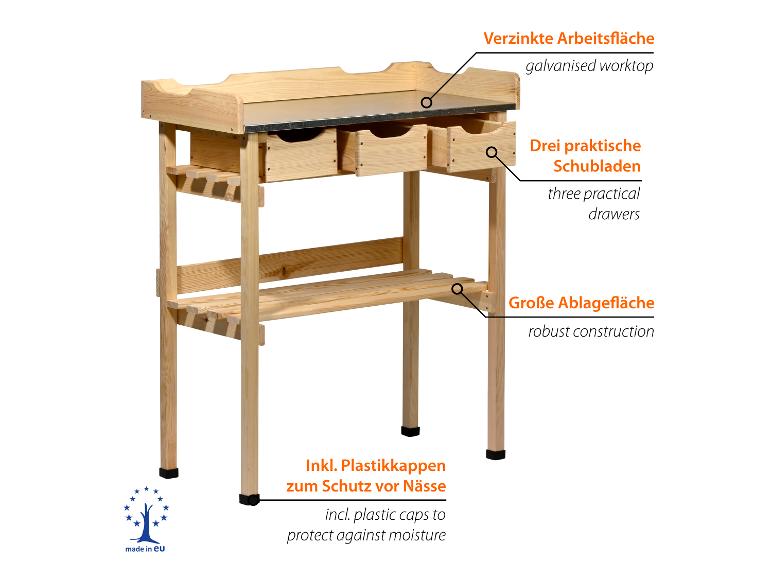 Gartentisch aus Holz mit verzinkter Arbeitsplatte, drei Schubladen und einer unteren Ablage.
