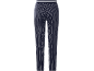 Gestreifte Damenhose, marineblau mit weißen Streifen und elastischem Bund.