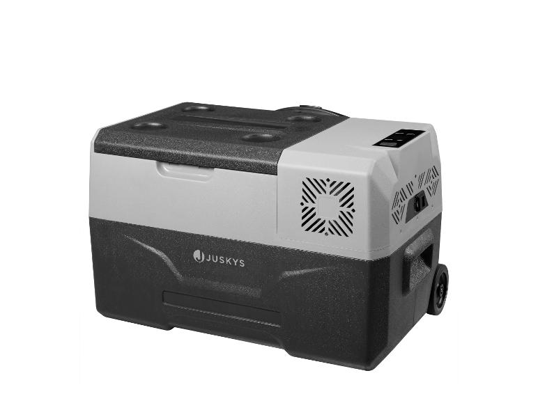 Grau-schwarze elektrische Kühlbox mit Rollen.