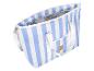 Blau-weiß gestreifte Kühltasche mit Schultergurt und Griffen, oben offen.