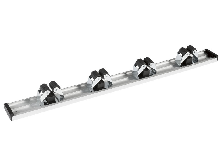 Aluminiumschiene mit vier Rollen zum Aufhängen von Werkzeugen.