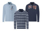 Drei Langarm-Poloshirts: ein gestreiftes blaues, ein hellblaues mit 'rowing' und ein dunkles mit 'Clair River'