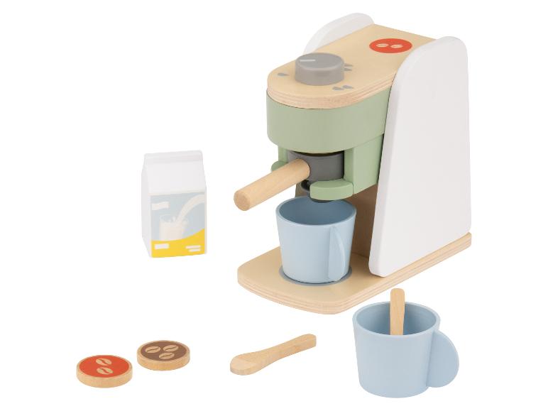 Hölzerne Spielzeug-Kaffeemaschine mit Tassen, Milch und Kaffeebohnen