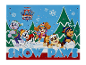 Adventskalender mit Hundehelden in winterlicher Umgebung, mit dem Text „SNOW PAWS“.