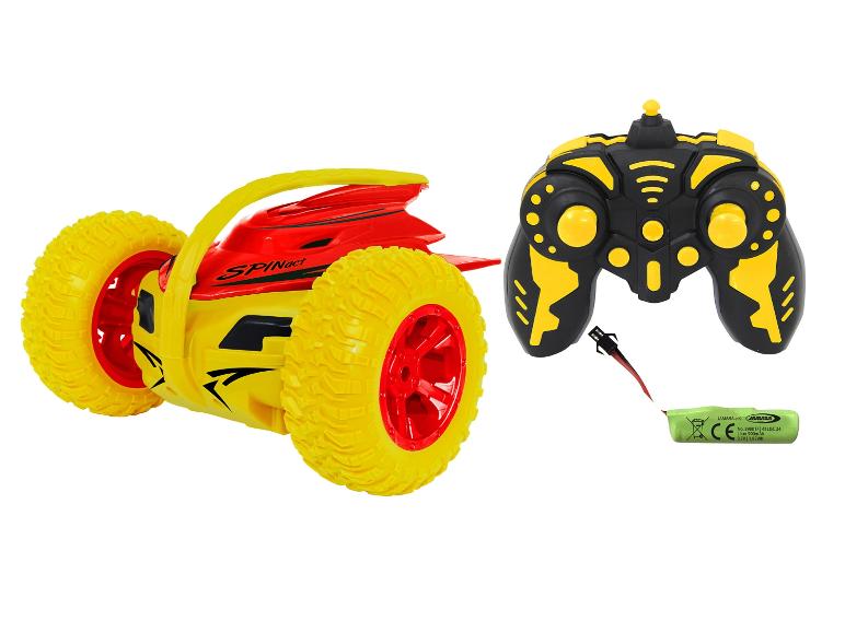 Ein rotes und gelbes ferngesteuertes Auto mit schwarzem Controller.