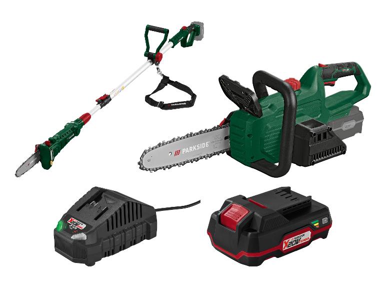 Parkside X 20V Team Kettensägen- und Hochentaster-Set mit Akku und Ladegerät.