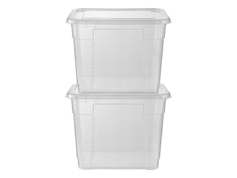 Zwei transparente Plastik-Aufbewahrungsboxen mit Deckeln, übereinander gestapelt.