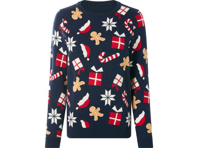 Dunkelblauer Weihnachtspullover mit festlichen Motiven
