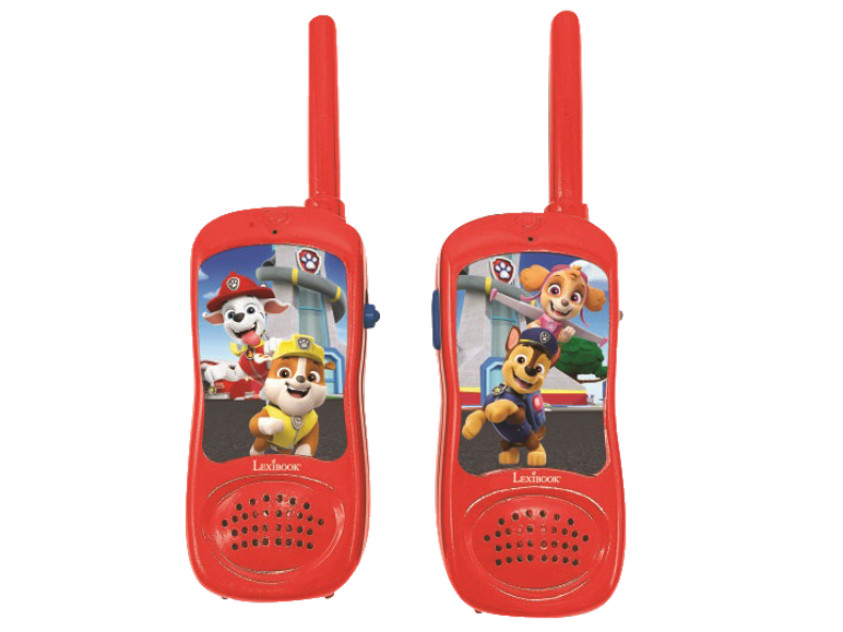 Zwei rote Spielzeug-Walkie-Talkies mit Paw Patrol-Charakteren.