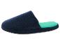 Marineblaue Hausschuhe mit mintgrüner Innensohle.