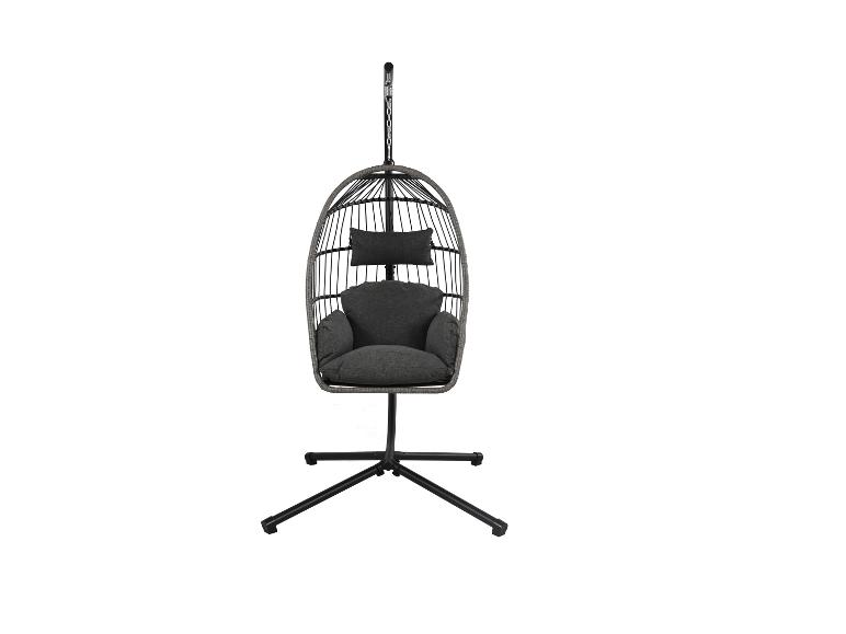 Hängesessel in Eiform mit dunkelgrauem Kissen und schwarzem Ständer