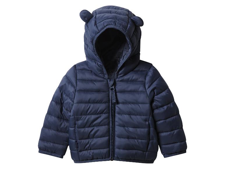 Blaue Daunenjacke für Babys mit Kapuze.