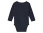 Ein dunkelblauer Baby-Body mit langen Ärmeln.