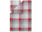 Bettbezug und Kissenbezug mit rot-grauem Karomuster.