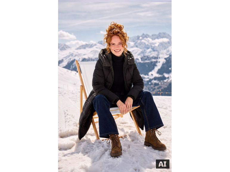 Lächelnde Frau in schwarzer Jacke, Jeans und braunen Stiefeln sitzt im Schnee.