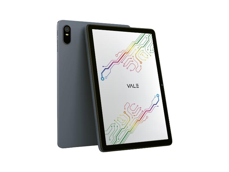 Zwei graue Tablets, eines mit eingeschaltetem Bildschirm, der eine farbige Schaltung und das VALE-Logo zeigt.