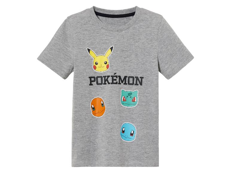 Ein graues Pokémon-T-Shirt mit Pikachu, Bisasam, Glumanda und Schiggy.