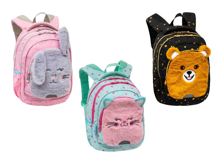 Drei Kinderrucksäcke mit Plüschtier-Designs: grauer Hase, rosa Katze und brauner Bär.