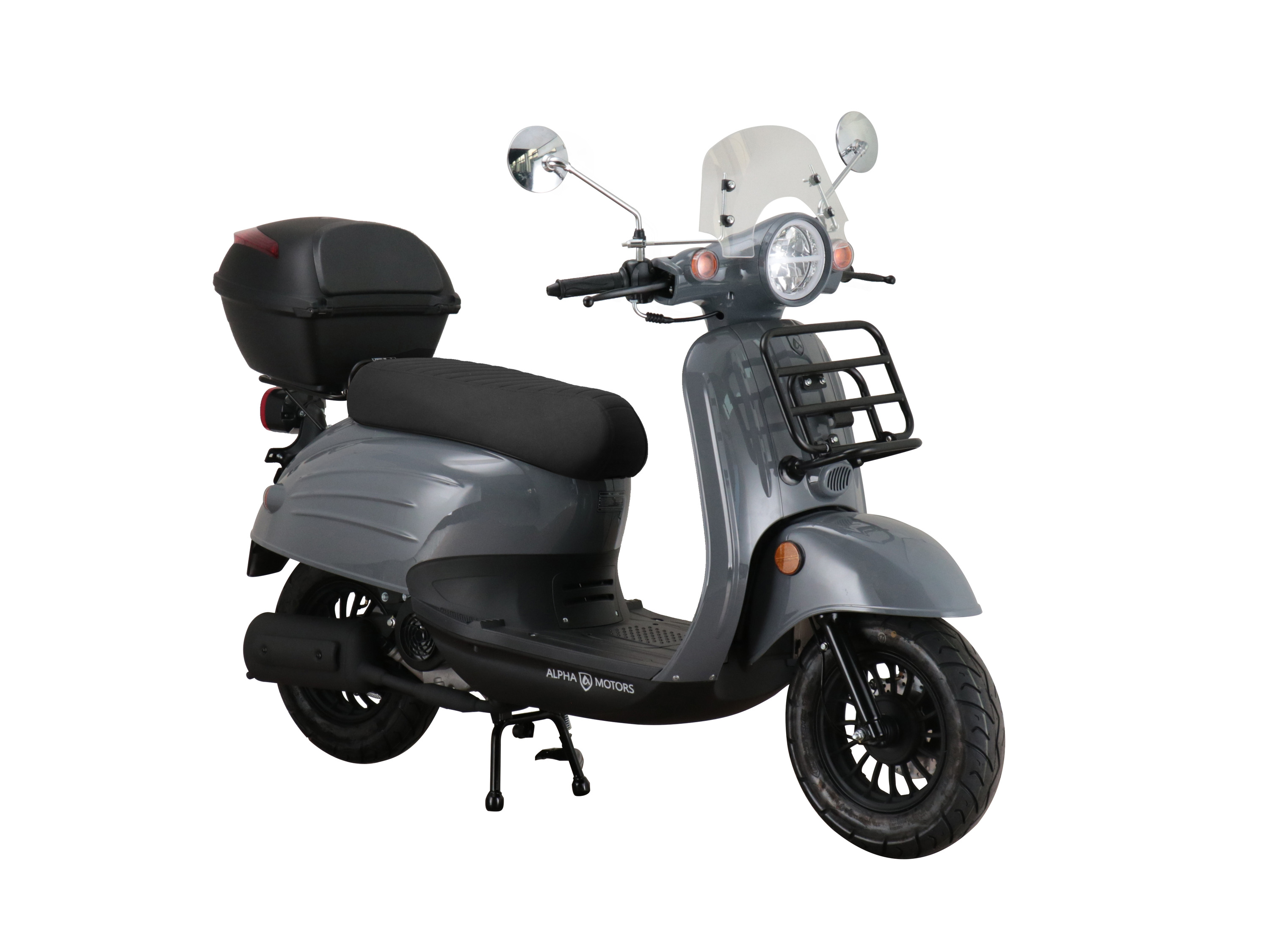Alpha Motors Motorroller Adria 50 ccm EURO 5 inkl. Windschild und Topcase (Grau, 45 km/h)““ | Leistung 45 km/h: 2,3 kW / 3,1 PS Viertaktmotor mit moderner Kraftstoffeinspritzung EFI Verbrauch 25 km/h: ca. 3 l/100 km