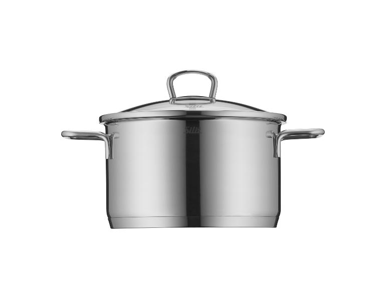 Ein Silit Kochtopf aus Edelstahl mit Glasdeckel.