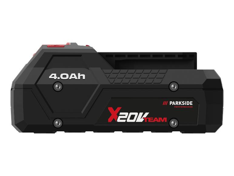 Schwarzer 4.0Ah Elektrowerkzeugakku mit roten Akzenten und dem Text „X 20V TEAM“.