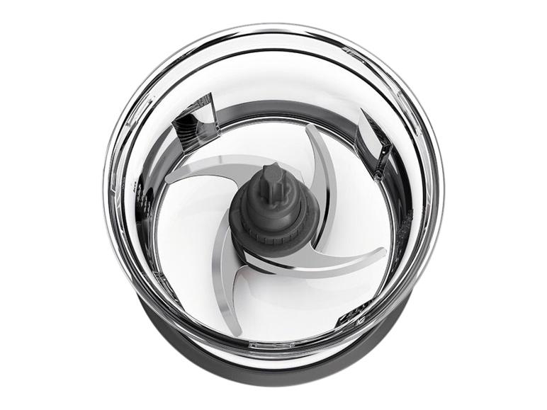 Ersatzklinge für Zerkleinerer mit schwarzem Sockel und drei Stahlklingen.