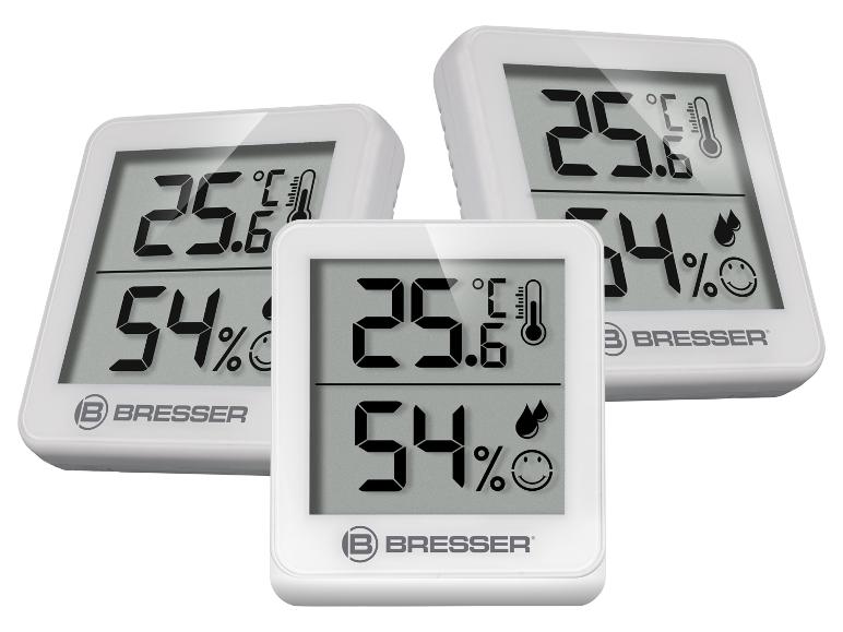 Drei BRESSER Digitalthermometer zeigen 25.6°C und 54% Luftfeuchtigkeit an.