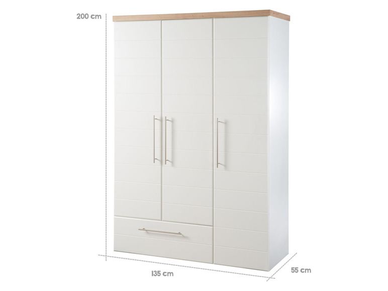 Weißer Kleiderschrank mit drei Türen und einer Schublade.