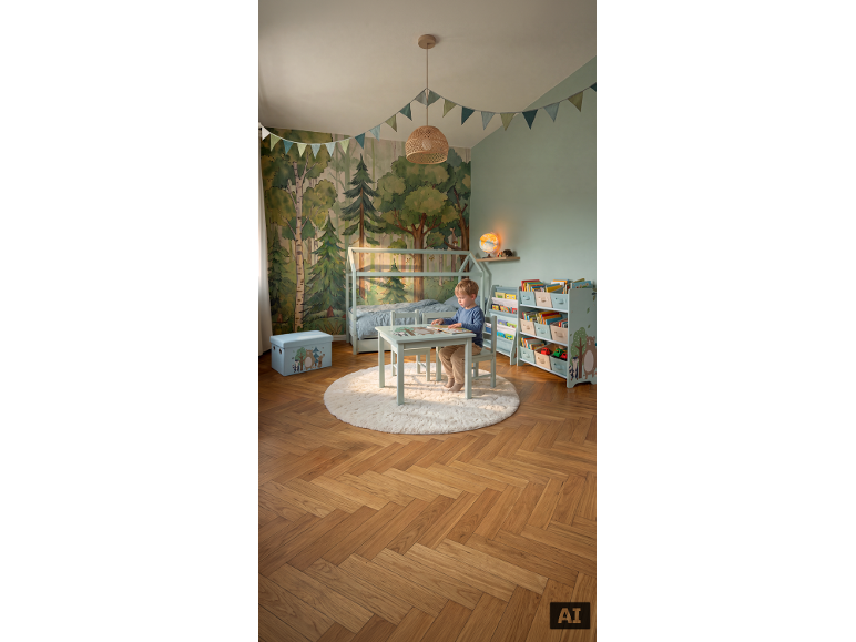 Kinderzimmer im Waldthema mit Bett, Tisch, Stühlen und Bücherregalen, ein Kind liest.