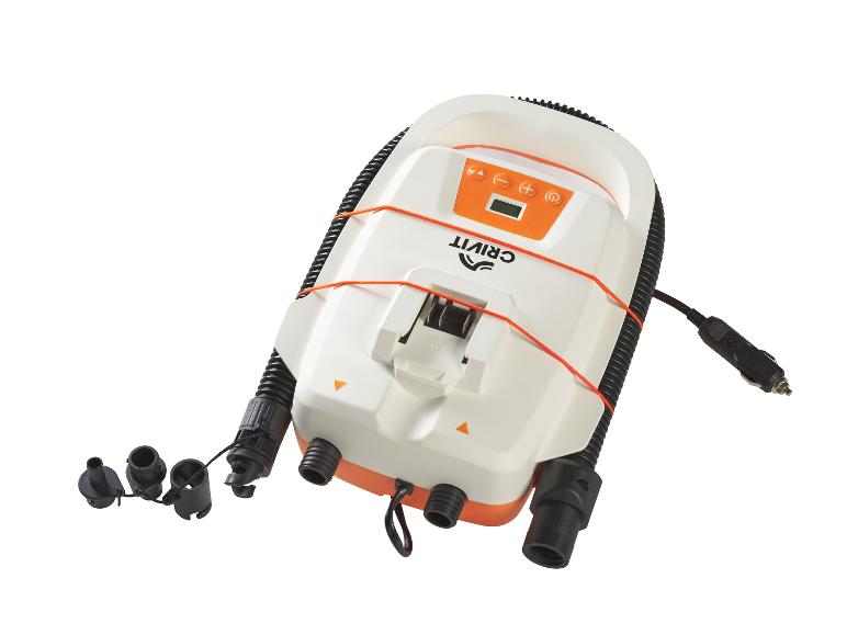 Orange-weiße Elektropumpe mit Display und verschiedenen Düsen.
