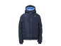 Dunkelblaue Steppjacke für Kinder mit Kapuze und blauem Innenfutter.