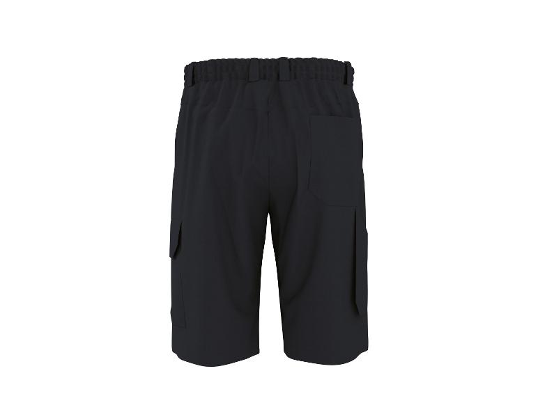 Schwarze Cargoshorts mit elastischem Bund und Seitentaschen, Rückansicht.