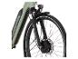 Grünes E-Bike mit integriertem Akku, Federgabel und vorderer Scheibenbremse.