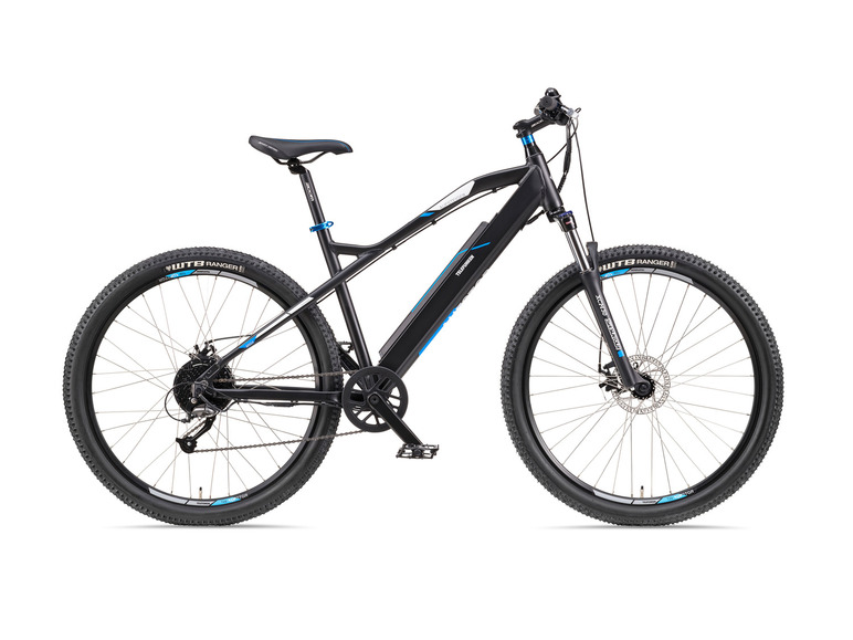 Ein schwarzes Telefunken E-Mountainbike mit WTB Ranger Reifen.