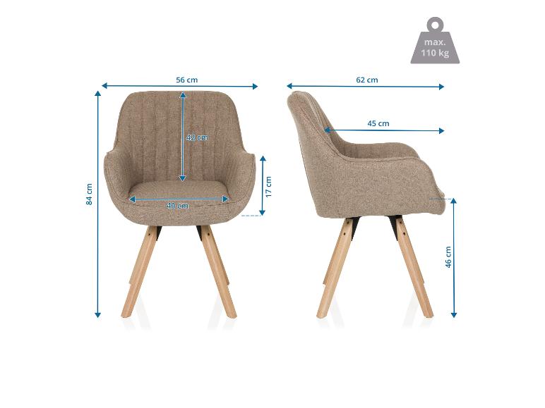Gepolsterter Stuhl mit Holzbeinen, Maße: 84x56x62 cm, max. Belastung 110 kg.