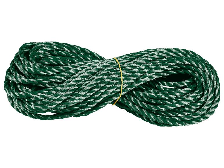 Grünes aufgerolltes Seil mit einem gelben Band in der Mitte.