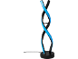 Spiralförmige LED-Tischleuchte mit blauem Licht auf schwarzem Hintergrund.