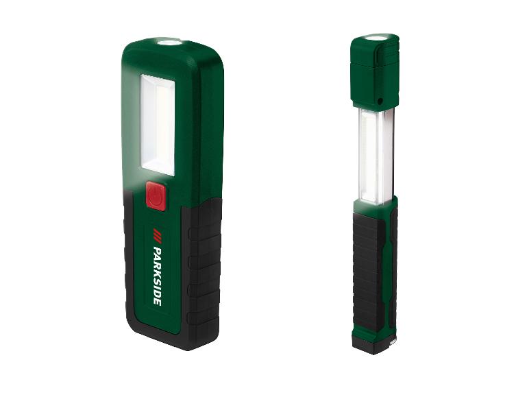 Zwei PARKISDE LED-Arbeitsleuchten, eine rechteckige und eine stabförmige, beide grün und schwarz.