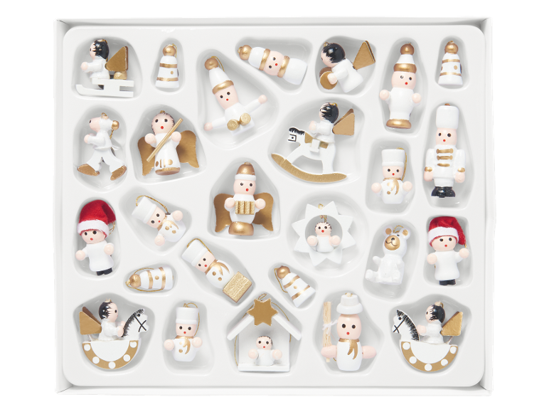Set aus 24 Mini-Weihnachtsdekorationen aus weißem und goldenem Holz, mit Engeln, Soldaten und Schlittschuhläufern.
