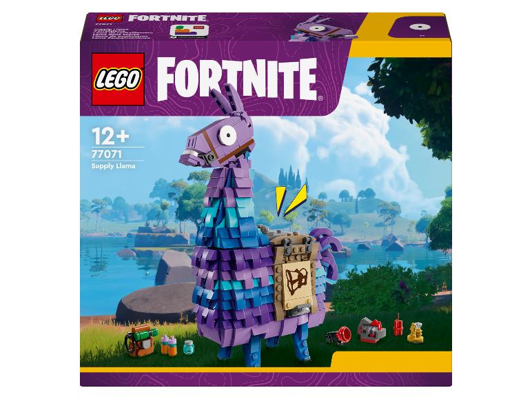 LEGO Fortnite Set 77071 Supply Llama, mit einem großen lila Lama und Zubehör, vor einer Wasserlandschaft.