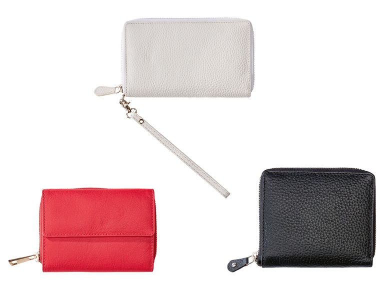 Drei Ledergeldbörsen: Weiß, Rot und Schwarz.