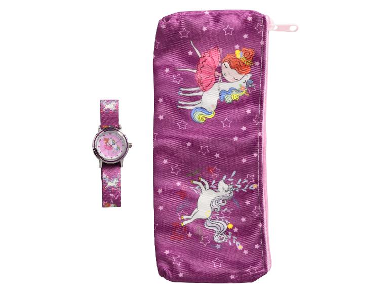 Uhr und Etui mit Einhorn-Motiv für Mädchen.