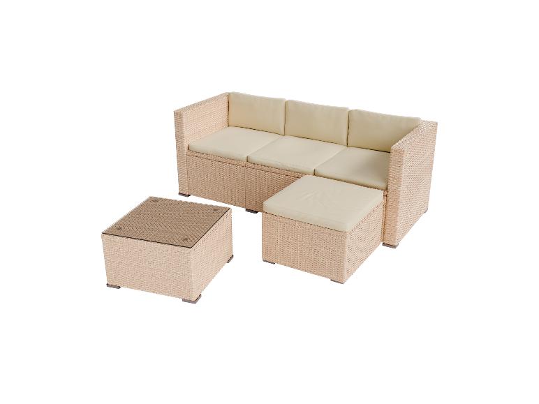 Geflecht-Gartensofa-Set mit Dreisitzer-Sofa, Ottomane und Couchtisch.