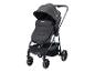 Schwarzer Kinderwagen mit Babywanne und Verdeck, Vorderansicht.
