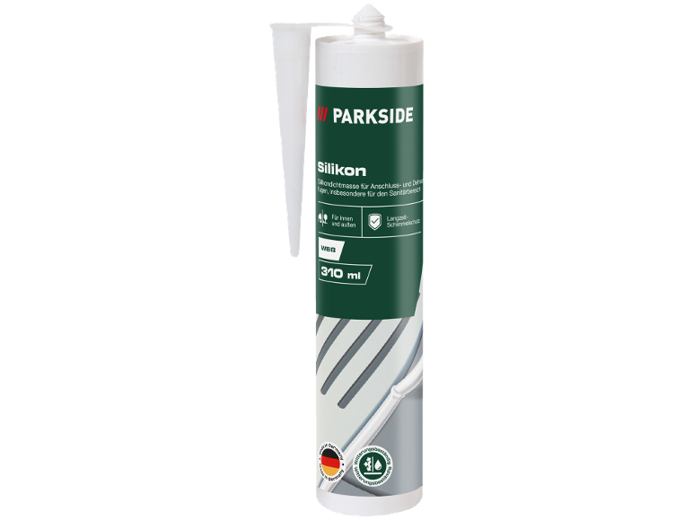 Weißes Silikondichtmittel in einer 310-ml-Kartusche mit grünem Etikett.