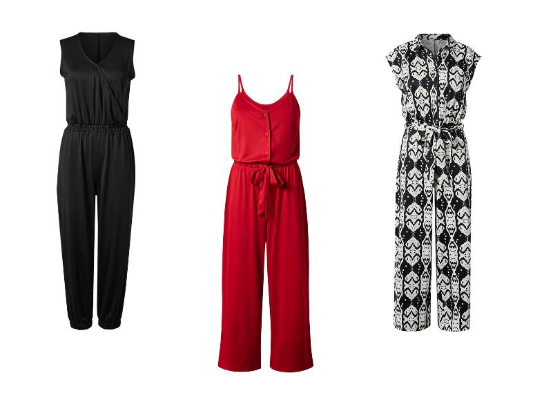 Drei Overalls: schwarz, rot und schwarz-weiß gemustert.