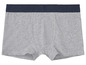 Graue Boxershorts mit dunkelblauem Bund.
