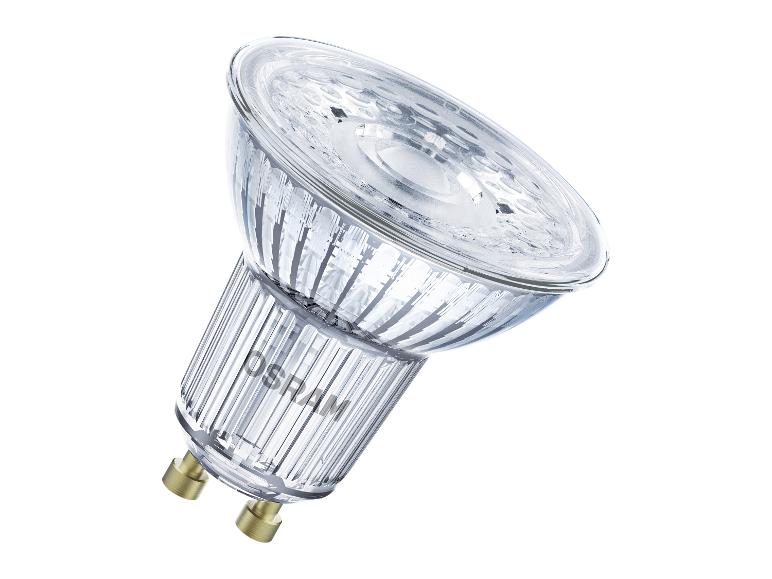 Eine Glas-LED-Spotlampe mit GU10-Fassung und geripptem Design.