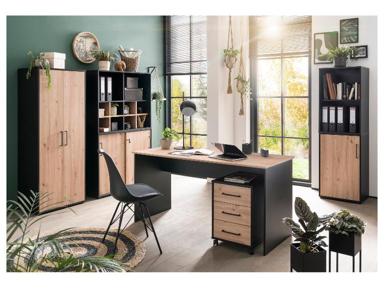 Modernes Büro mit Schreibtisch, Bücherregal und Schränken in Schwarz und hellem Holz.